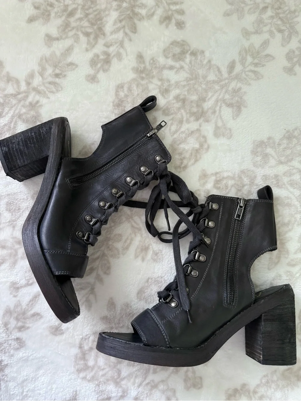 Free People City of Lights Open Toe Lace Up Bootie Block Heel